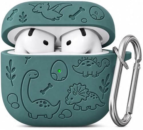 Image of Emoh Roced Case for Airpod 4 with Keychain,Silicone Dinosaur Engraved Cases Compatible with Apple AirPods 4th Generation 2024, Anti-Scratch, Protective Case Cover (Dark Green, for AirPods 4)