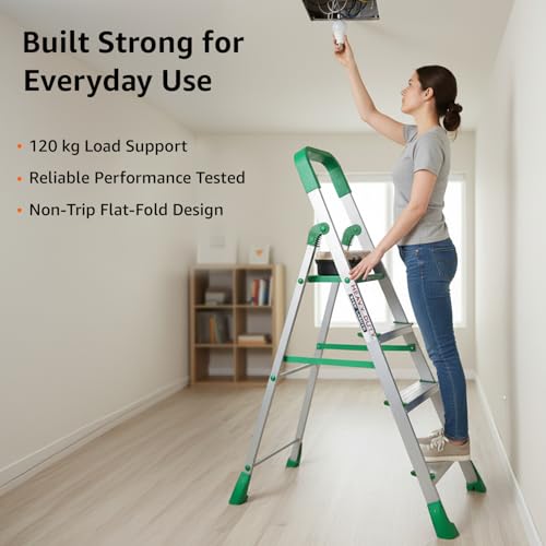 Image of Amazon Basics Clamber Pro - Foldable Step Ladder, Firm Grip, 4 Steps (Aluminium Steps, Green & Satin)