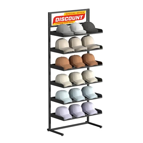 bimiti Large Hat Rack Stand 6-Tier Adjustable Baseball Cap Storage Organizer with 6 Trays | Heavy-Duty Metal Coat Rack for 180 Hats, Home & Commercial Use (Black)