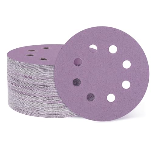 sourcing map 50 Pcs 125mm (5 Inch) Sanding Disc 8 Hole 60 Grit Hook and Loop Sandpaper Random Orbital Sander Pads for Woodworking Automotive Metal Polishing, Purple