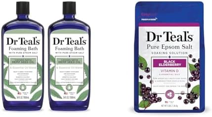 Dr Teal's Foaming Bath with Epsom Salt & Hemp Seed Oil, 34 fl oz (2 Pack) + Epsom Salt Soak with Elderberry, 3 lbs