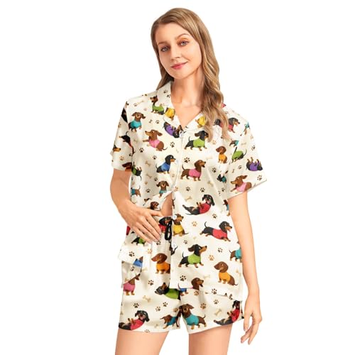 Image of Funny Pajamas for Women Set Print Satin Loungewear Pjs Short Sleeve Button Down Top and Shorts Sets Sleepwear XS-3XL