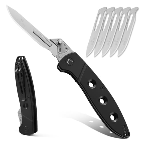 COOL PARD EDC Folding Scalpel Pocket Knife ，EDC Utility Knife with 6pcs #60 Replaceable Blades ,Outdoor Knife with Pocket Clip and Liner Lock，Sharp Skinning Knives for Hunting, Fishing, Deer & Survival （Black）
