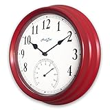  AudLee Wasserdichte Wanduhr mit Thermometer, batteriebetrieben, runde Uhr, 25,2 cm, dekorative Uhr für Garten/Haus, Sweep-Uhrwerk (rot)