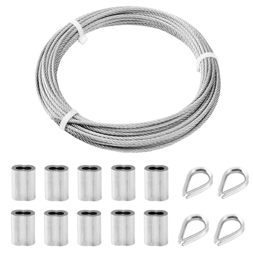 TooTaci Cuerda de cable de alambre de acero inoxidable de 1/8 pulgadas, kit de barandilla de cable de 10 m con mangas de prensado de aluminio y dedal de acero inoxidable