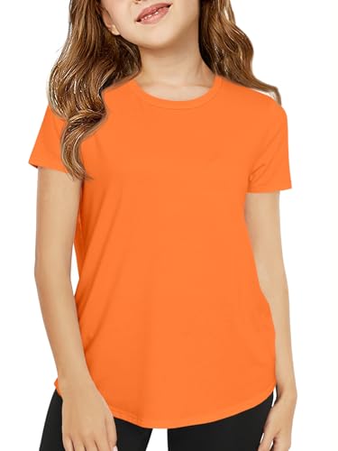 Haloumoning Girls Short Sleeve T Shirts Kids Summer Crewneck Tops Curved Hem Tees 5-14 Years Orange
