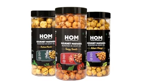 Image of H O M House Of Makhana 195g Tangy Tomato, Pudina + Achari Gourmet Makhana Jar Roasted in Olive Oil, Flavored Makhana Pack of 3 (65gX3)