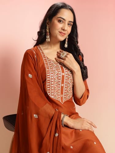 Image of GoSriKi Women's Cotton Blend Embroidered Kurta Set with Pant & Dupatta - Straight Calf‑Length, 3 /4 Sleeve, Round Neck - Elegant Ethnic Attire (5 Colors, S-5XL)