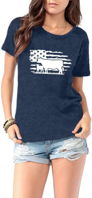 LBP Cow Shirt for Women USA American Flag Cow T-Shirt Cowgirl Cute Cattle Tees Farm Life Animal Tops - Image 5