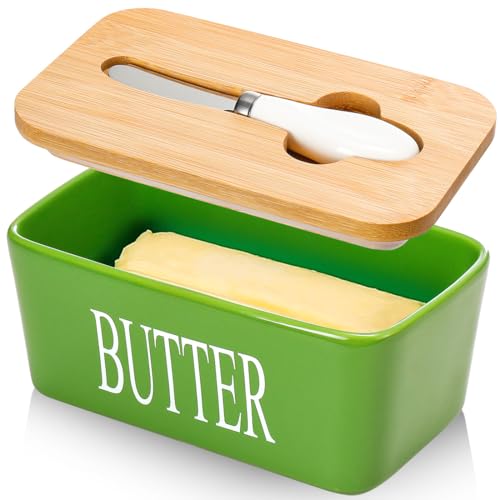 Ceramic Butter Dish with Lid and Knife & Silicone Seal for Countertop Green