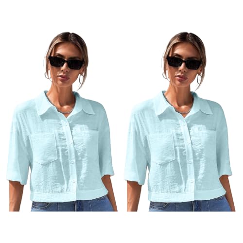 Image of TOPLOT V-Collar Solid Crop Shirt for Women with Half Sleeves, Polyester, Regular Fit