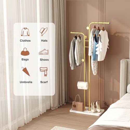 HOMEFORT Coat Rack, Freestanding Metal Coat Racks, Double-pole Clothes Hat Stand with 5 Hooks for Closet, Bedroom, Entryway, Living Room, Gold