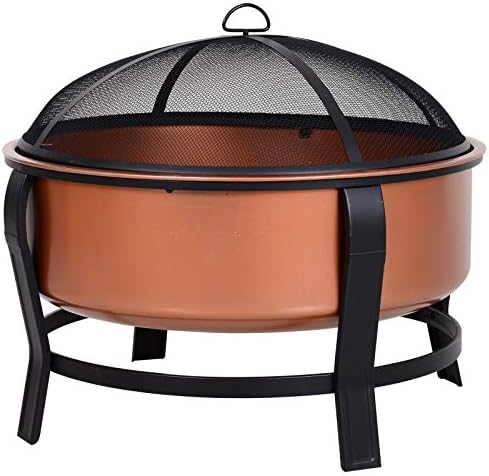 Outsunny 30 Inch Outdoor Fire Pits, Copper-Colored Round Basin Camping Fire Pit, Wood Burning Firepit Bowl with Ornate Black Base, Log Grate, Wood Poker, & Mesh Screen for Embers