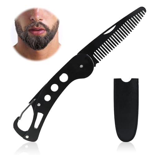 Folding Stainless Steel Beard Comb with Carrying Pouch - Portable Hair and Grooming Pocket Comb for Men and Women - Travel Gift