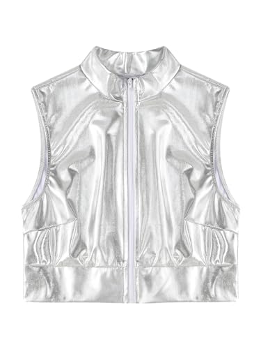 CHICTRY Women's Shiny Metallic High Neck Tank Top Zip Front Sleeveless Slim Fit Vest Crop Tops 5