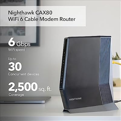 NETGEAR Nighthawk Cable Modem and WiFi 6 Router Combo (CAX80) - Compatible with All Major Cable Providers incl. Xfinity, Spectrum, Cox - Cable Plans up to 6Gbps - AX6000 WiFi 6 Speed - DOCSIS 3.1