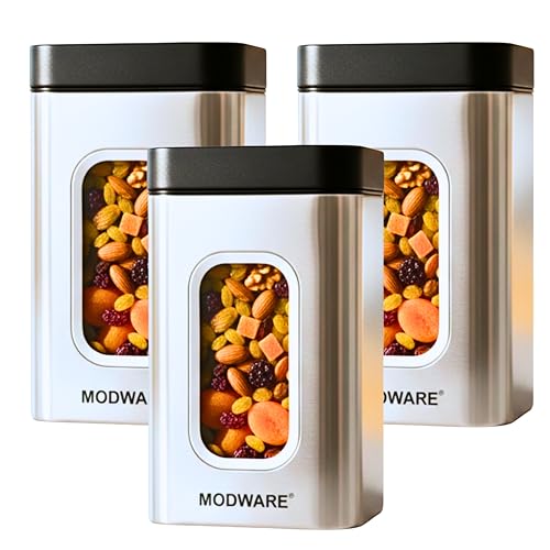 Image of MODWARE Keepex Stainless Steel Kitchen Storage Container, Airtight Silver Jar with Viewing Window, Fingerprint-Proof, Dishwasher Safe, Jars for Snacks, Fry Food, Masala, Cookies 1000ml Capacity (3)