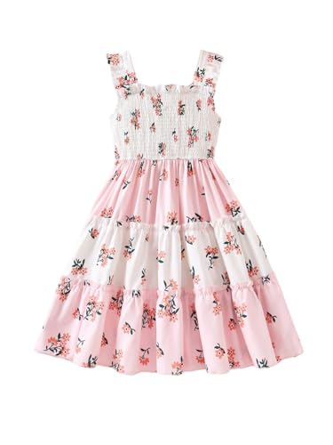 Girl's Floral Smocked A Line Dresses Sleeveless Square Neck Ruffle Layered Midi Dress Sundress