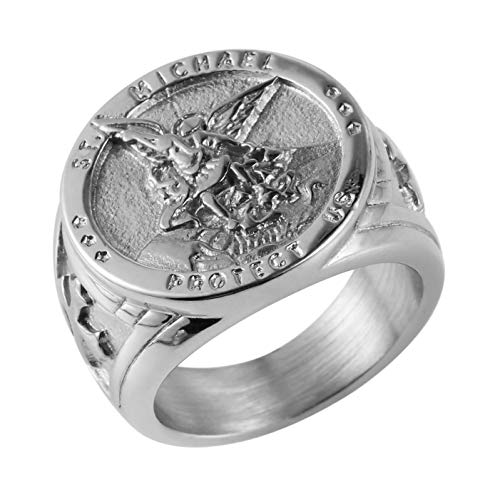 Image of HZMAN St. Michael San Miguel The Great Protector Archangel Defeating Satan Figurine Stainless Steel Amulet Ring