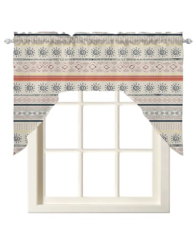 Yukro Indian Geometric Swag Valances for Kitchen Window, Lines Dots Sun Hand Drawn Overlay Short Swag Topper Rod Pocket Small Window Treatments for Bedroom Bathroom Over Sink 56"x36"