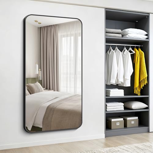 Image of Black Bathroom Mirror, 66x36 inch Aluminum Metal Frame Rectangular Vanity Mirror, Large Wall Mounted Rectangle Mirrors with Rounded Corner for Over Sink Bedroom Living Room Horizontal /Vertical