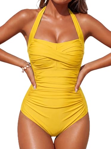 Image of Smismivo Tummy Control Swimwear Halter One Piece Slimming Vintage Retro Swimsuit Womens Ruched Push Up Bathing Suit