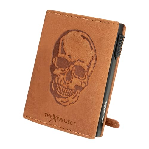 Image of The X Project Genuine Leather Wallet for Men | RFID Blocking Slim Bifold Wallet | Quick Card Eject Mechanism | Coin Pocket & ID Window | Premium Gift Box | Bold Skull Design (Tan)
