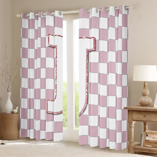 Image of Erosebridal Pink Initial J Window Curtains 52 inch Wx63 L Kawaii Plaid Checkered Blackout Curtains for Kids Girls Bedroom,Cute Personalized Monogram Window Treatments Grids Gingham Drapes Decor 2 Panels