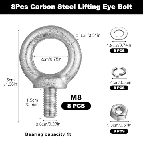 MirraSwit 8 Stück Ringschraube M8, Ring Augenbolzen Runde Ringbolzen, Augenschraube, Kohlenstoffstahl Augenschraube, Ösenschraube M8 für Rolle Des Befestigens und Hängens