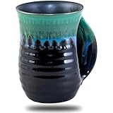 oojdzoo Hand Warmer Mug for Christmas - 16 Ounce Large Handwarmer Mugs Ceramic Handmade Pottery Gift for Holiday with Pocket Handle, Keep Your Fingers Warmth (Right Handed,Forest Green/Black)