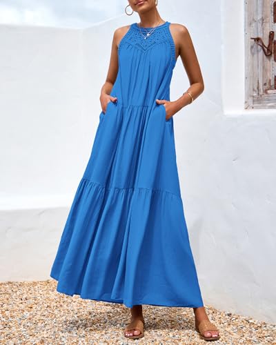 Image of BTFBM Halter Summer Dresses for Women 2026 Casual Spring Hollow Out Sleeveless Boho Sundresses Beach Vacation Maxi Dress