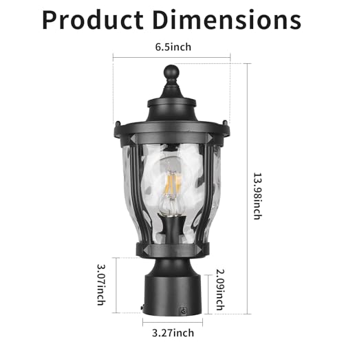 Image of Outdoor Post Lights Lamp Post Light Fixture, 14'' Pole Lantern with E26 Base 60W Max & Waterproof Aluminum Housing Plus Hammered Water Ripple Glass, Fence Post Deck Lighting for Garden, Patio, Pathway