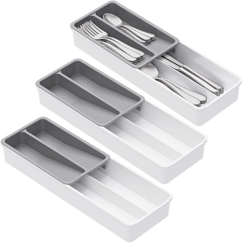 Lifewit 3 bandejas compactas para cubiertos para cajones, 42 x 14,5 x 6 cm, 4 compartimentos, cesta para cubiertos, organizador de cubiertos para cucharas, tenedores, cuchillos, color blanco y gris