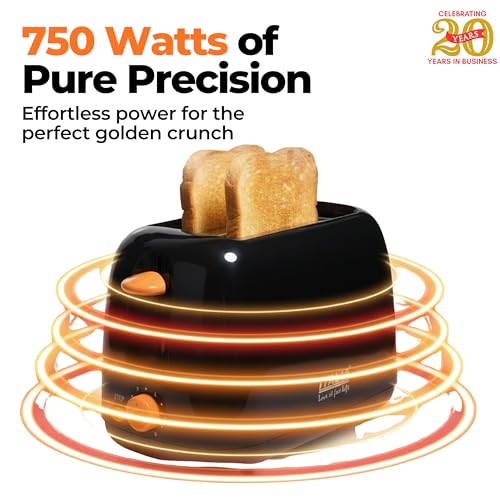 Image of ITALIA Premium 750 Watts 2-Slice Pop-up Toaster | Dust Cover & Effortless Slide Out Crumb Tray | 6-Level Browning Controls | Mid-Cycle Cancel Feature | Black Toaster | 1M Long Cord | 1-Year Warranty