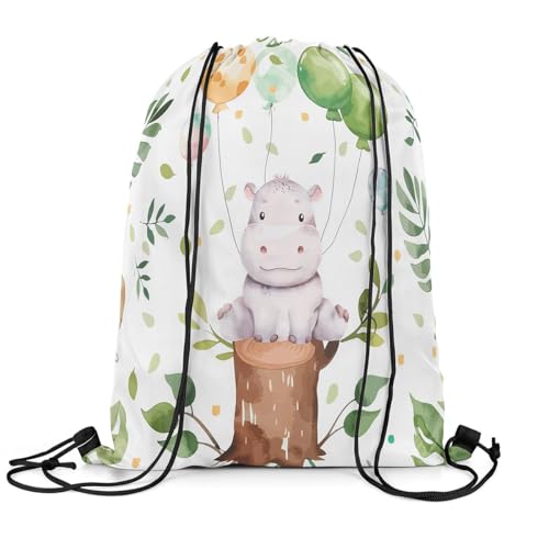Erosebridal Cute Hippo Drawstring Backpack 13x15.7, Kawaii Animals Balloons Drawstring Bags For Sport, Cartoon Leaves Foldable Draw String Back Bag, Green White Wildlife Printed String Backpack
