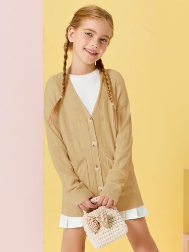 Image of Girls Cardigans Kids Fashion Open Front Long Sleeve Knit Sweaters Outerwear with Pockets 5-14 Years
