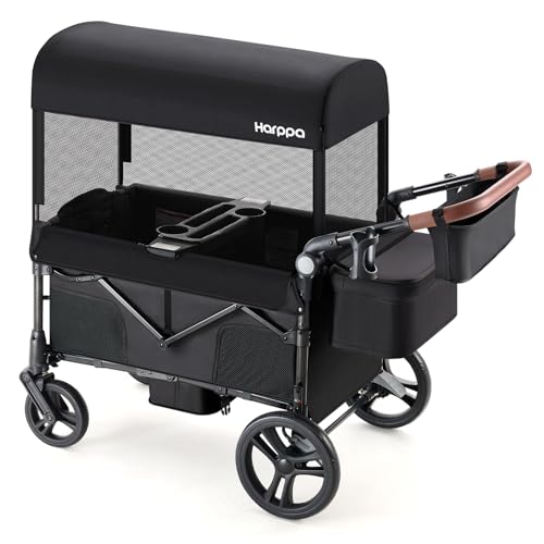 Harppa Remy Foldable Wagon Stroller for 2 Kids with Mosquito Net UPF 50+ Canopy 180 lbs Capacity 5-Point Harness 8/12All-Terrain Wheels Adjustable Handle for Park Zoo Camping Black