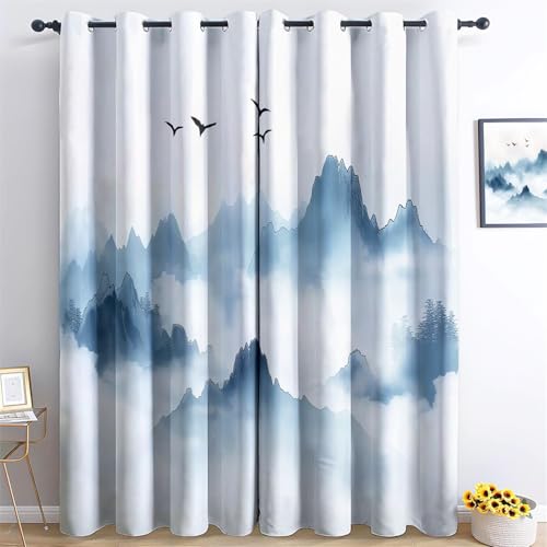 Cortinas Opacas para Dormitorio 100An x 160Al cm (2 Paneles) Pintura de paisajes Chinos Cortinas Opacas Estampadas para Sala de Estar Color Cortinas Opacas con Ojales en la