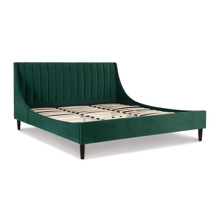 Image of HITHOS Solid Wood Modern Upholstered King Size Bed with Wingback Headboard | Wooden Double Bed Cot Palang Without Storage (Evergreen) 1 Year Warranty