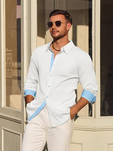 Yousify Mens Button Down Shirts Long Sleeve Casual Textured Dress Shirt Wrinkle-Free Beach Tops with Pocket2