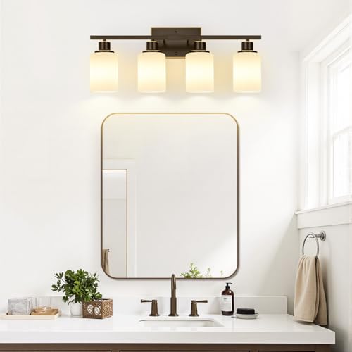Image of Indoi 4-Light Bathroom Light Fixtures, Oil-Rubbed Bronze Modern Vanity Lights with Milky White Shades, Bathroom Wall Lamp for Mirror Living Room Cabinet Bedroom Porch
