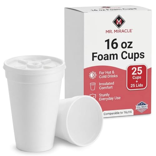 16 OZ Foam Cups With Lids for Hot & Cold Drinks USA-Made 25-Pack.Ideal Styrofoam Coffee Cups Insulating To-Go Cups for Soda Tea Juice - Sturdy Disposable & comparable to Industry standard 16J16