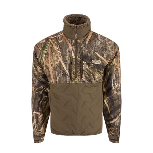DRAKE Waterfowl Men's LST Guardian Flex Double Down 1/4 Zip Eqwader Insulated Waterproof Breathable Resistant Hunting Jacket, Mossy Oak Shadow Grass Habitat, Medium