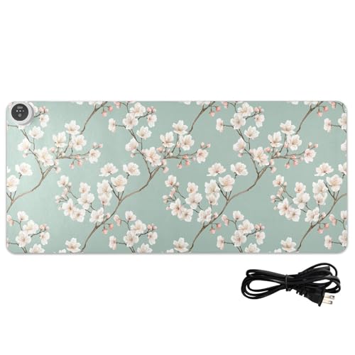 Tapis de souris chauffant en cuir premium fleurs blanches et roses pour grand bureau
