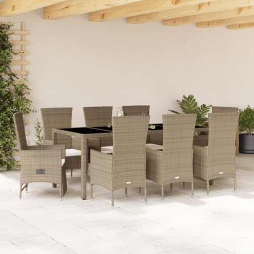 YunCangg Conjunto de comedor de jardín de ratán sintético con cojín, color beige, 190 x 90 x 75 cm, mesa de jardín y 8 cojines de asiento, 6 sillas y 2 tumbonas con reposapiés, resistente a la