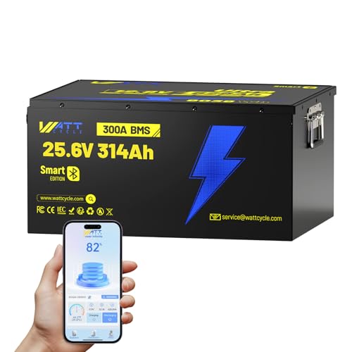 Wattcycle 24V 314AH LiFePO4 Lithium Battery, Built-in Bluetooth 5.0 & 300A BMS, Upgrade Aluminum Frame MAX 8038Wh Energy, 15000+ Deep Cycles Batterys, Perfect for Home Energy, RV, Marine, Solar