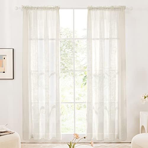 Deconovo White Net Curtains for Windows Home Decoration Faux Linen Rod Pocket Sheer Curtains for Bedroom 55 x 54 Inch 2 Panels