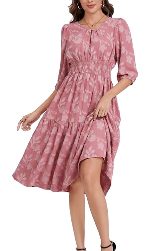 Image of Kormei Women Casual Boho Floral Round Neck 3 /4 Sleeve Smocked Waist Tiered A Line Flowy Swing Midi Dress Long Dresses
