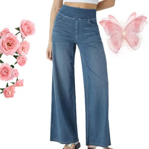 Grevela Pull Up Jeans, Grevela Stretch Jeans, High Waisted Multiple Pockets Wide Leg Washed Stretchy Knit Casual Jean