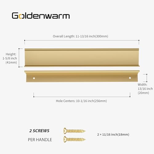 Image of Goldenwarm 10 Pack 10in Finger Edge Pulls for Gold Drawer Pulls | Aluminum Alloy, Gold Cabinet Handles, Edge Pulls for Cabinets, Brushed Brass Handles, For Drawers, Dressers, Screws Included